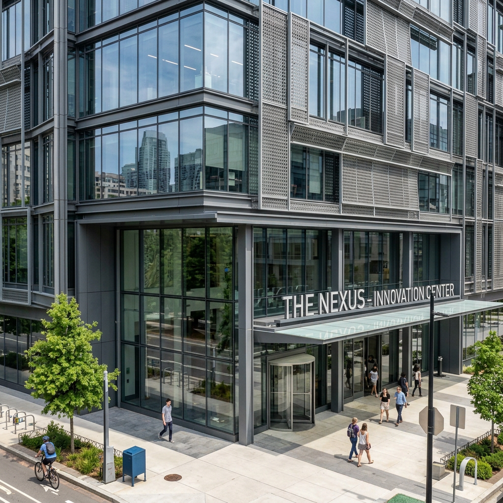 Modern Nexus Innovation Center building with glass facade and rooftop greenery