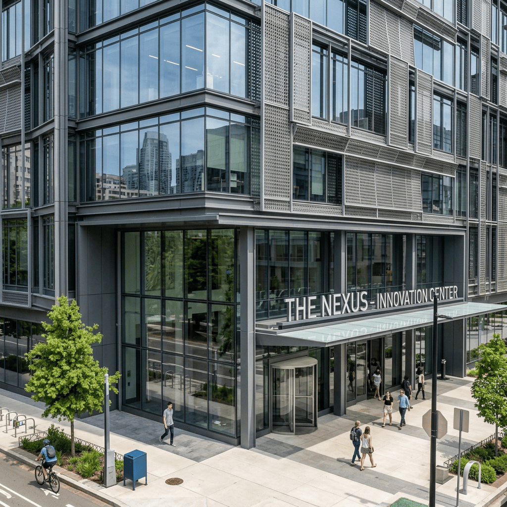 Modern Nexus Innovation Center building with glass facade and rooftop greenery