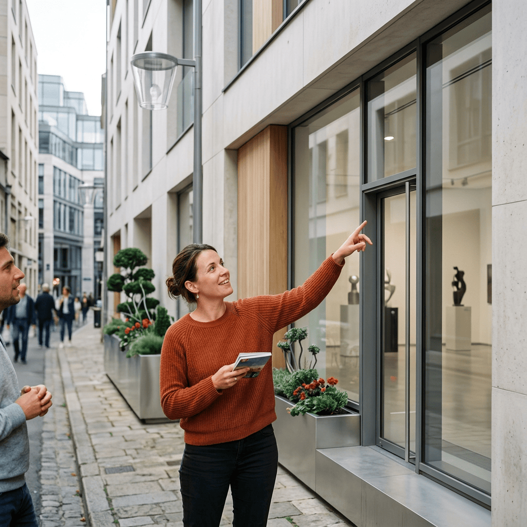 Traveler pointing at ornate window on historic stone building