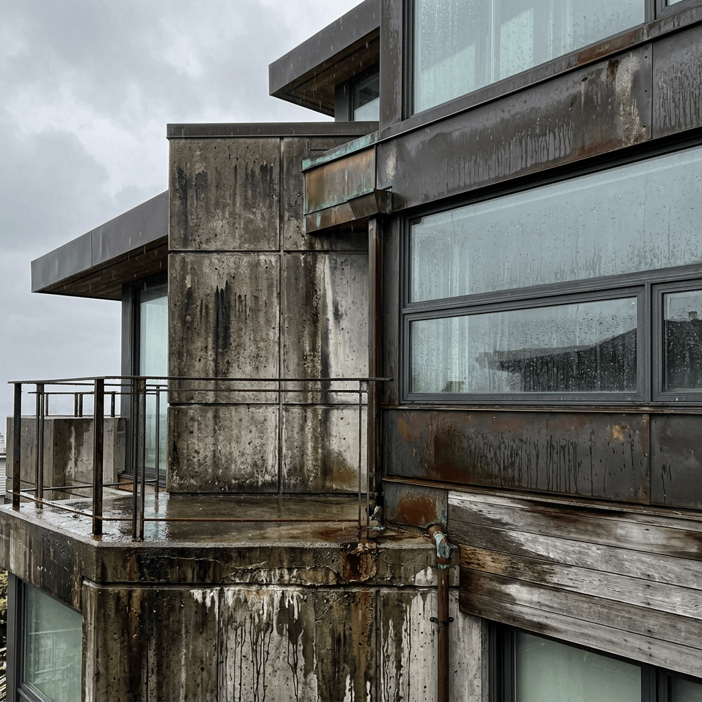 Rainy modern building with weathered concrete, rusted steel, and large windows