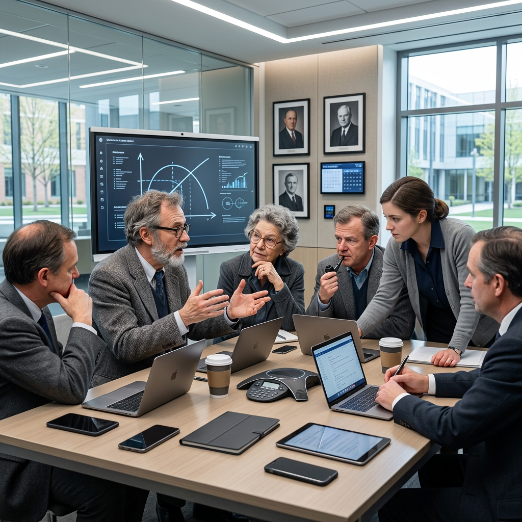 Six scholars discussing documents around a table in a library